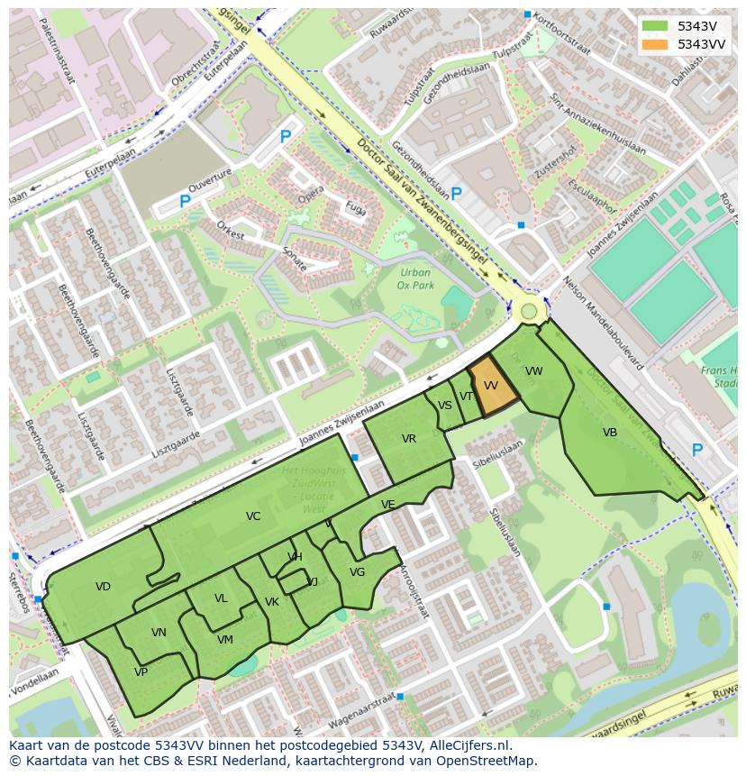Afbeelding van het postcodegebied 5343 VV op de kaart.