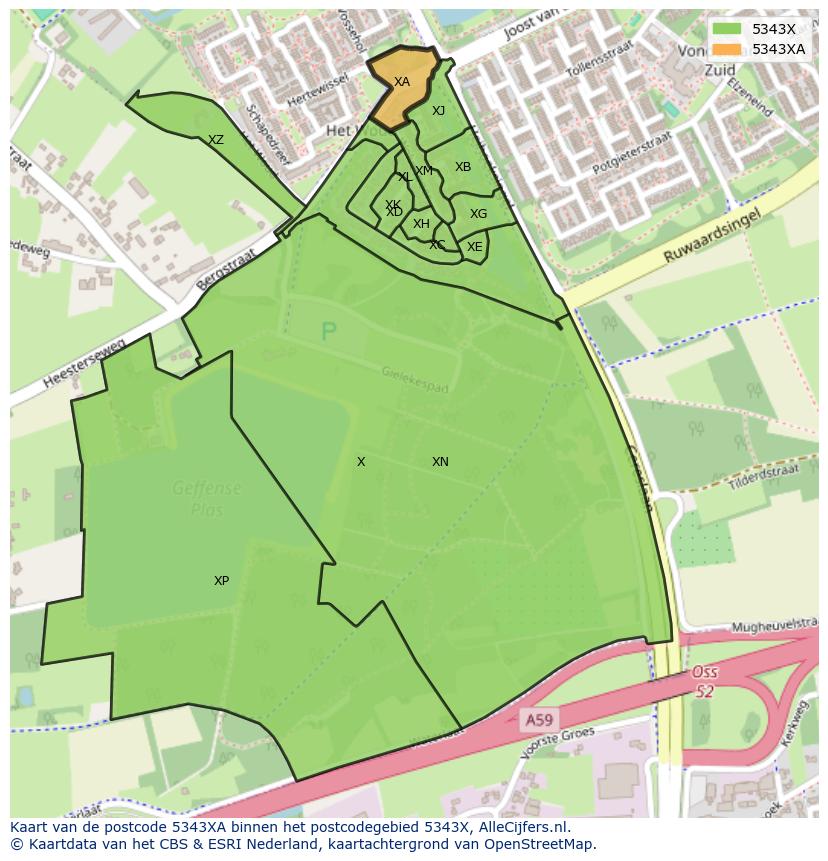 Afbeelding van het postcodegebied 5343 XA op de kaart.