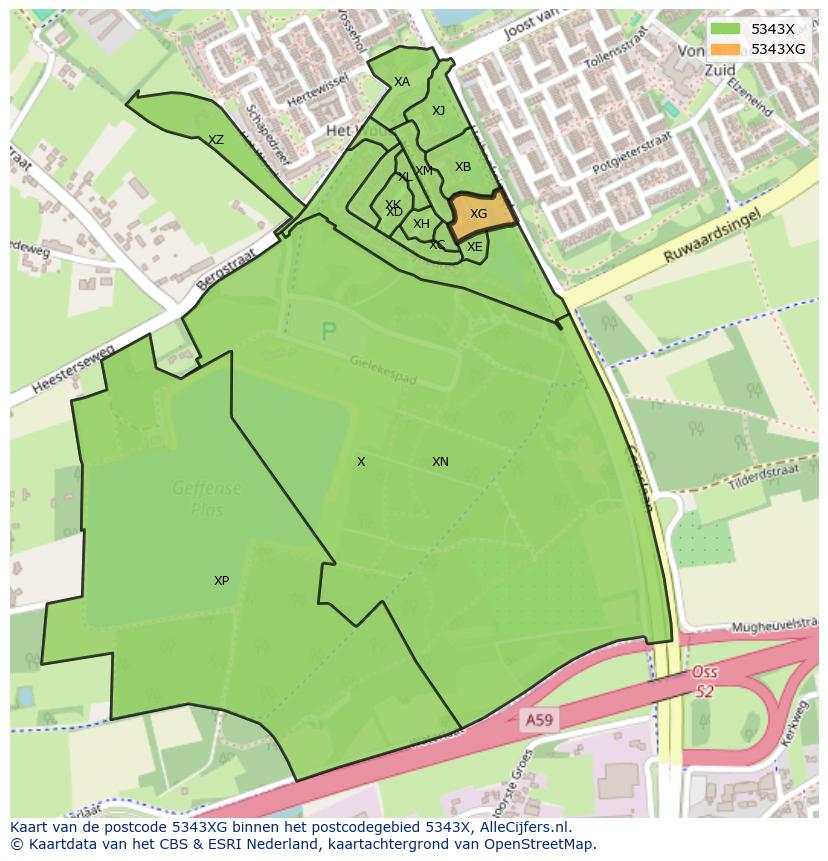 Afbeelding van het postcodegebied 5343 XG op de kaart.