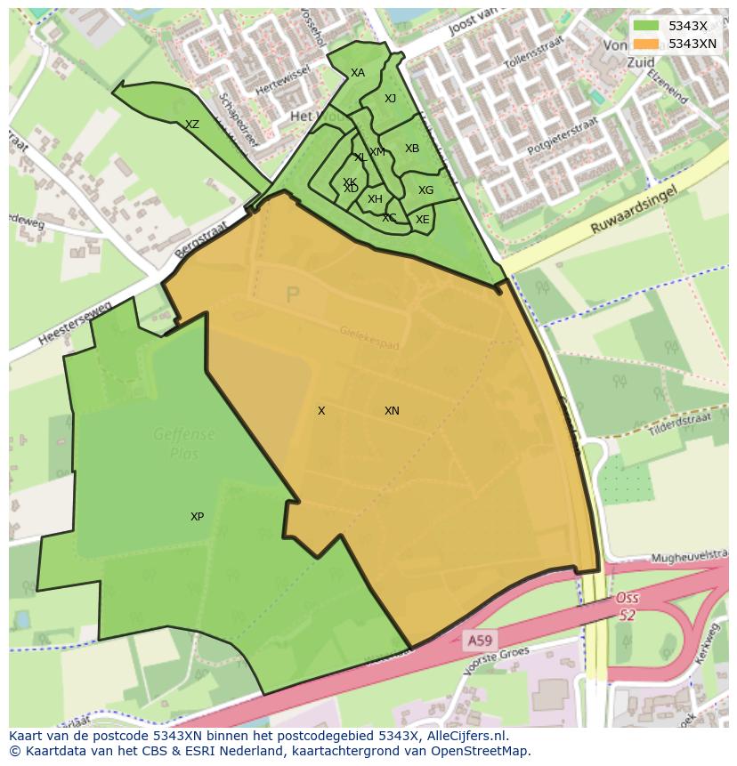 Afbeelding van het postcodegebied 5343 XN op de kaart.