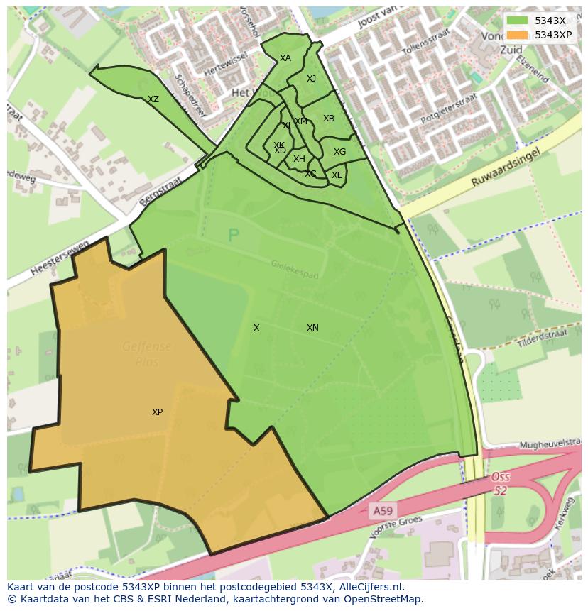 Afbeelding van het postcodegebied 5343 XP op de kaart.
