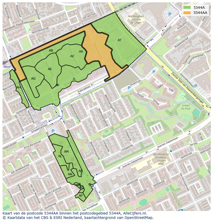 Afbeelding van het postcodegebied 5344 AA op de kaart.