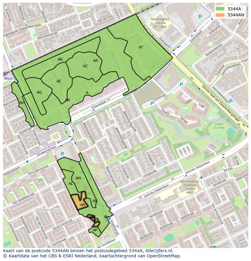 Afbeelding van het postcodegebied 5344 AN op de kaart.
