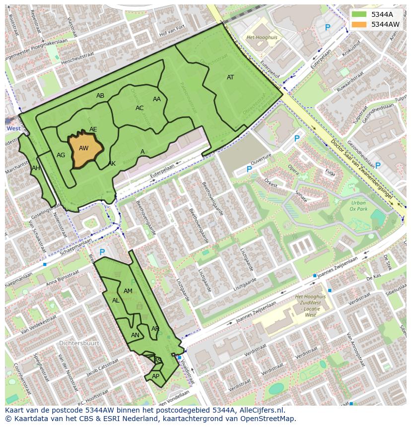 Afbeelding van het postcodegebied 5344 AW op de kaart.