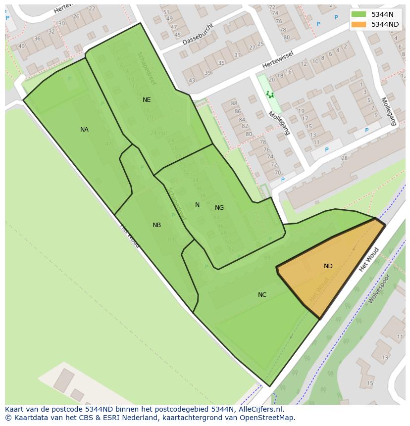 Afbeelding van het postcodegebied 5344 ND op de kaart.