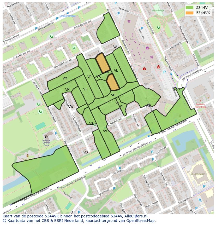 Afbeelding van het postcodegebied 5344 VK op de kaart.