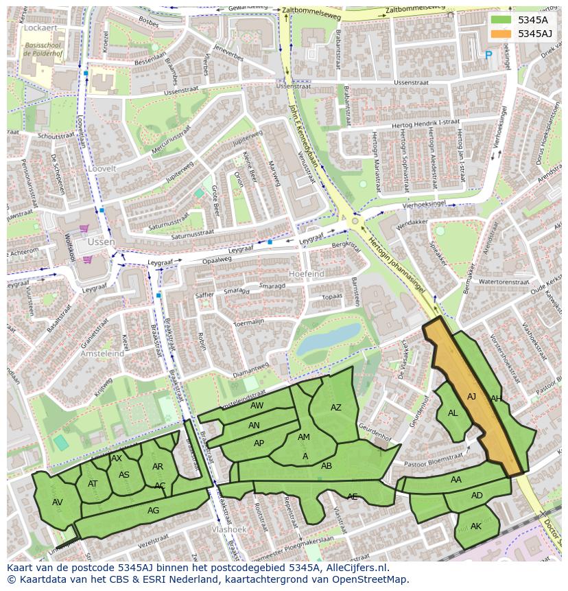 Afbeelding van het postcodegebied 5345 AJ op de kaart.