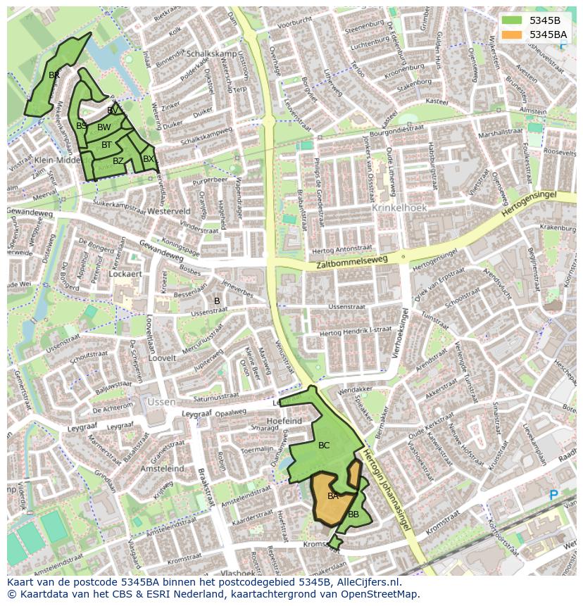 Afbeelding van het postcodegebied 5345 BA op de kaart.