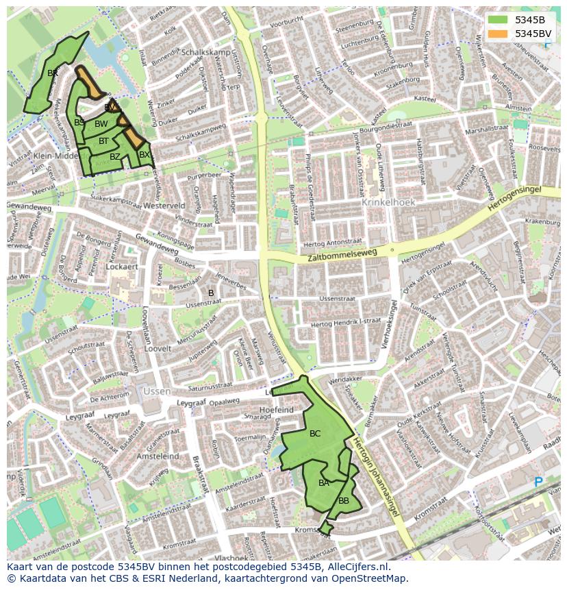 Afbeelding van het postcodegebied 5345 BV op de kaart.