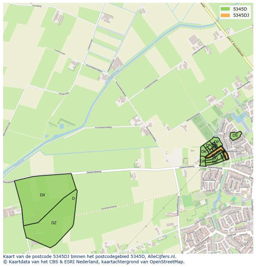 Afbeelding van het postcodegebied 5345 DJ op de kaart.
