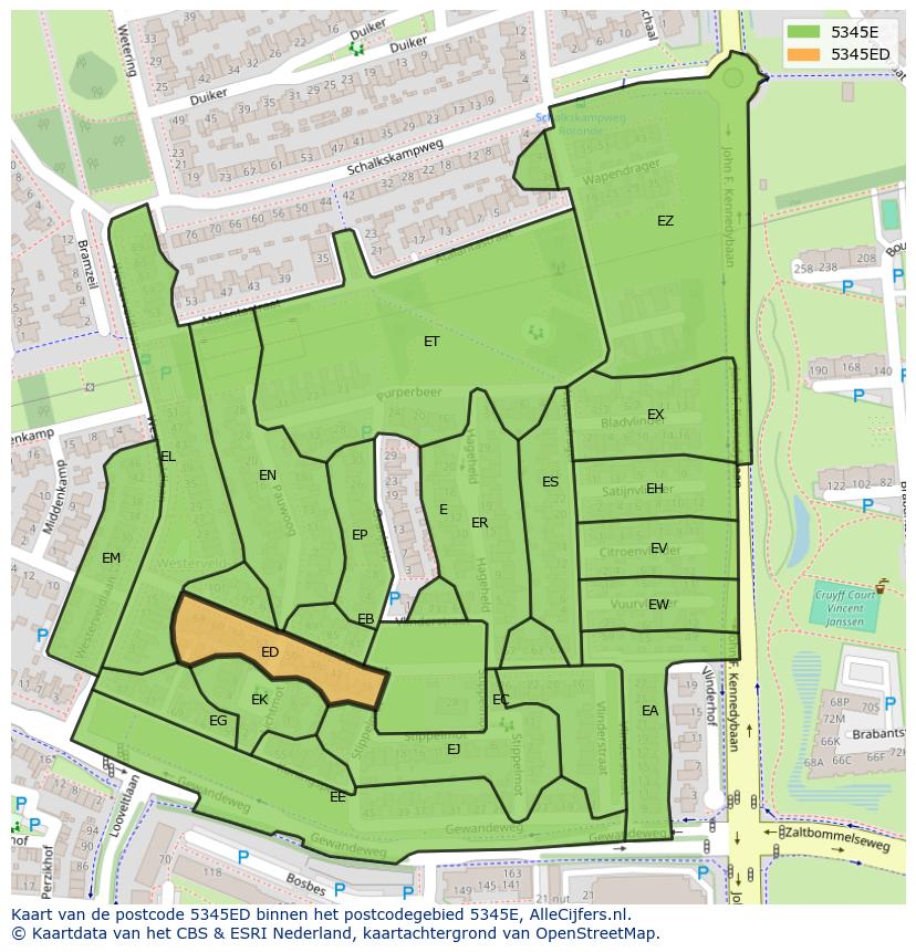 Afbeelding van het postcodegebied 5345 ED op de kaart.