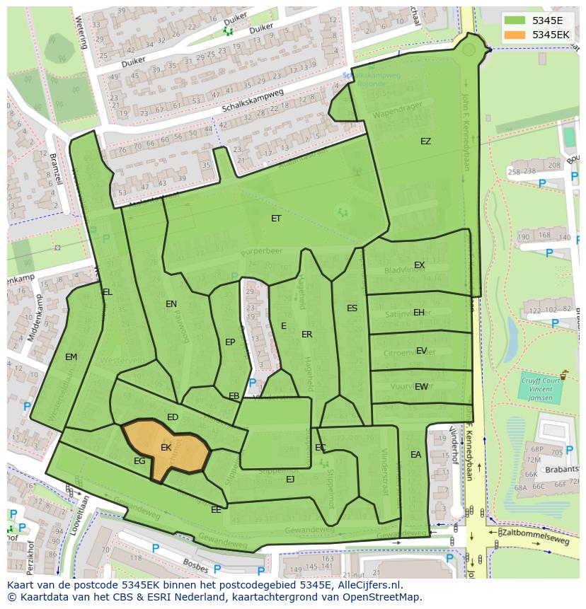 Afbeelding van het postcodegebied 5345 EK op de kaart.