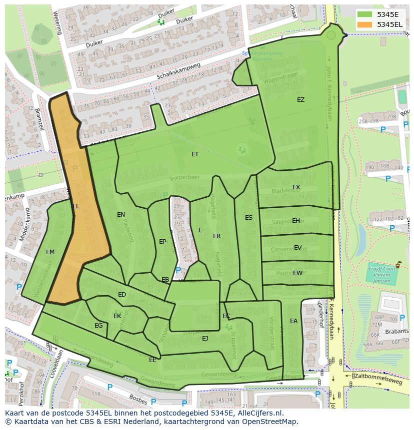 Afbeelding van het postcodegebied 5345 EL op de kaart.