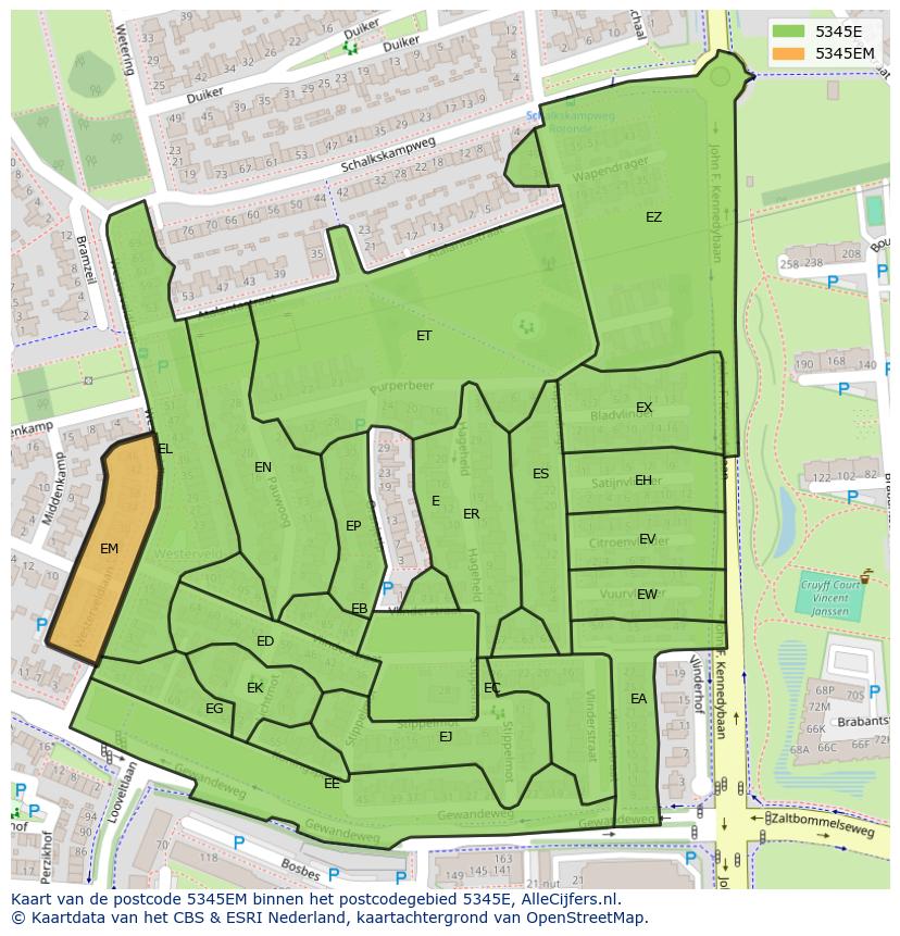 Afbeelding van het postcodegebied 5345 EM op de kaart.