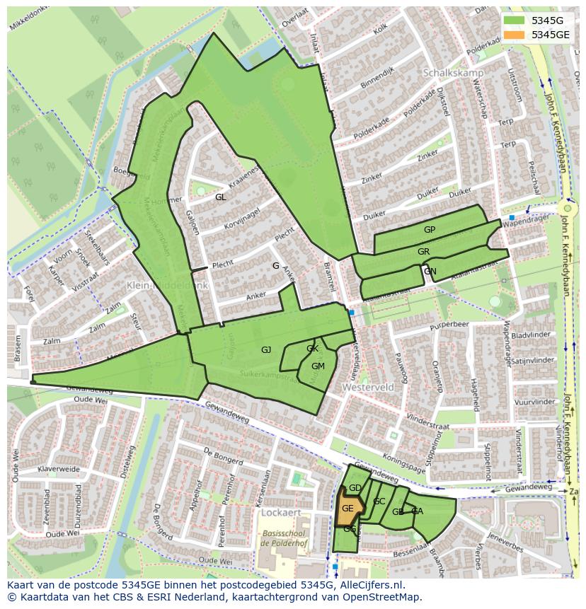 Afbeelding van het postcodegebied 5345 GE op de kaart.