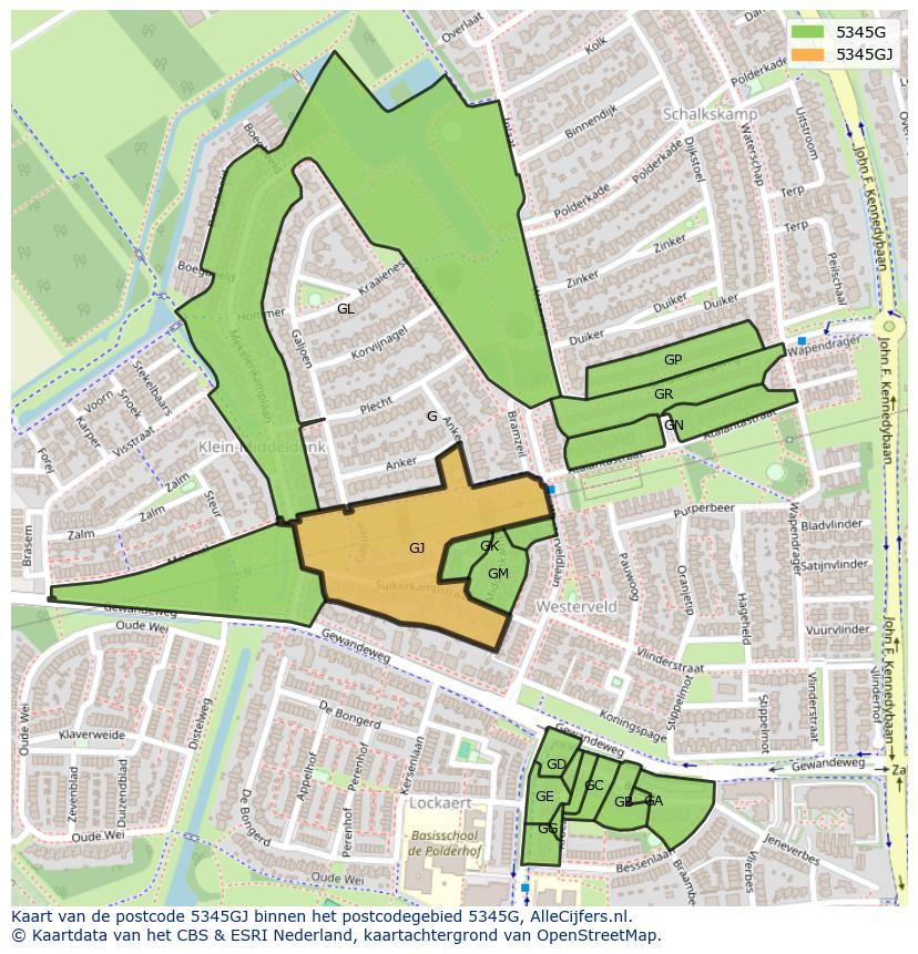 Afbeelding van het postcodegebied 5345 GJ op de kaart.