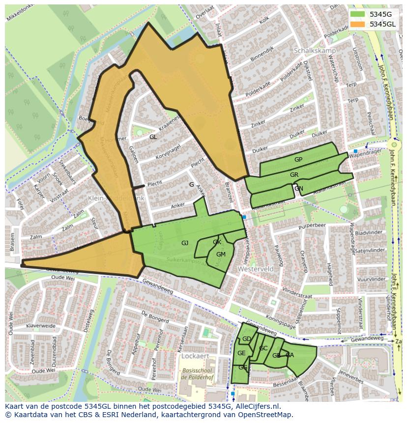 Afbeelding van het postcodegebied 5345 GL op de kaart.