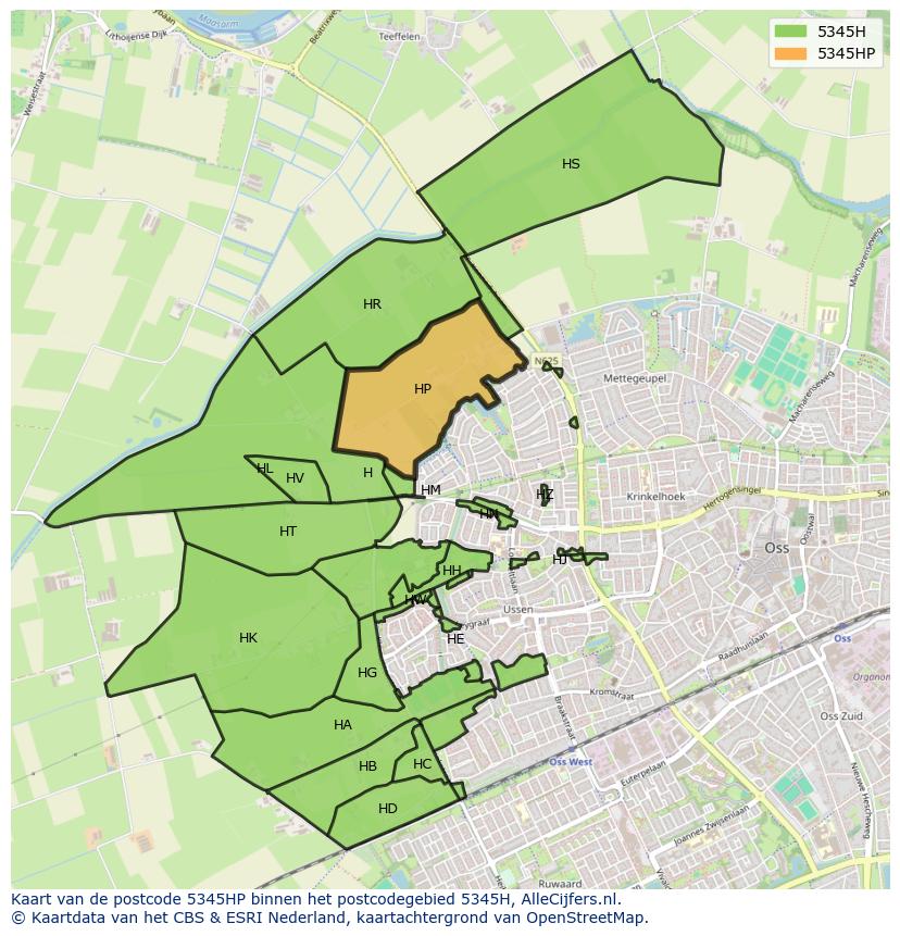 Afbeelding van het postcodegebied 5345 HP op de kaart.