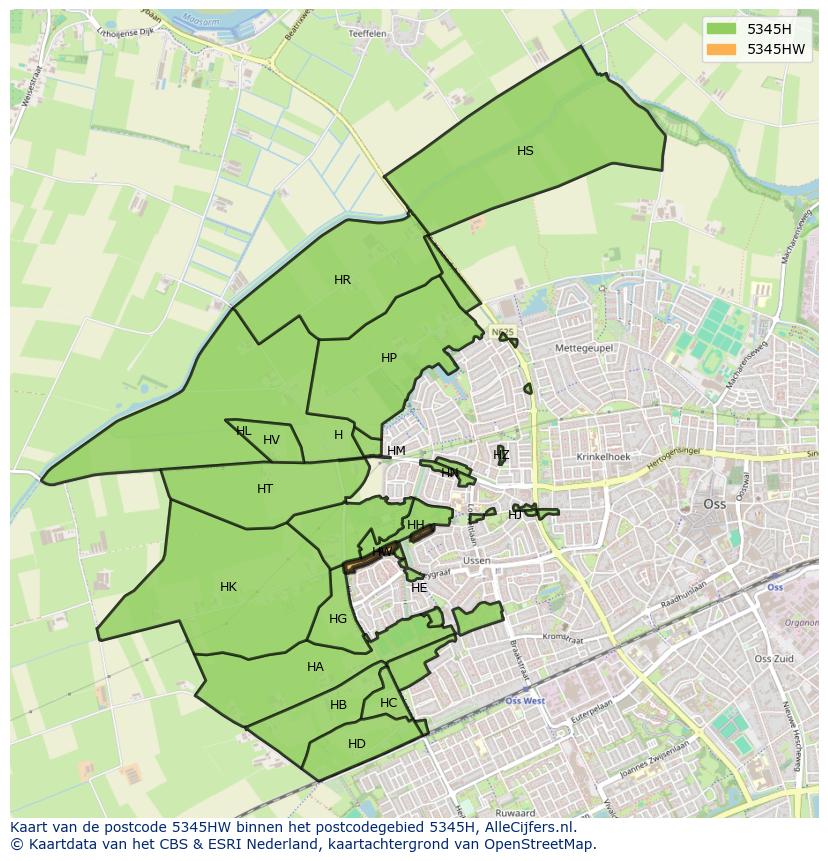 Afbeelding van het postcodegebied 5345 HW op de kaart.