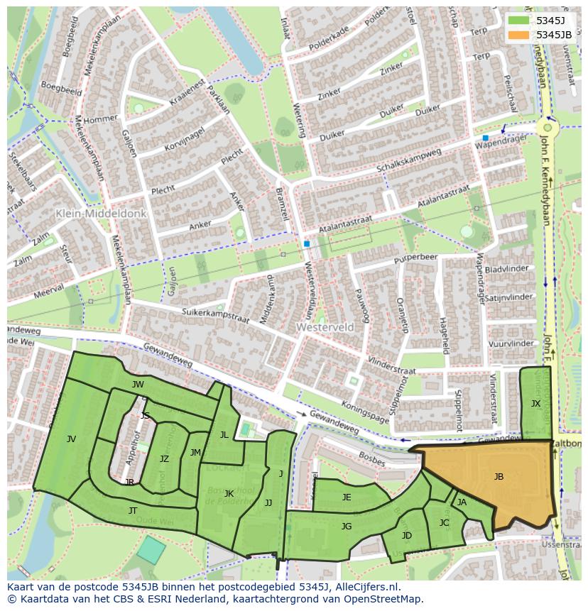 Afbeelding van het postcodegebied 5345 JB op de kaart.