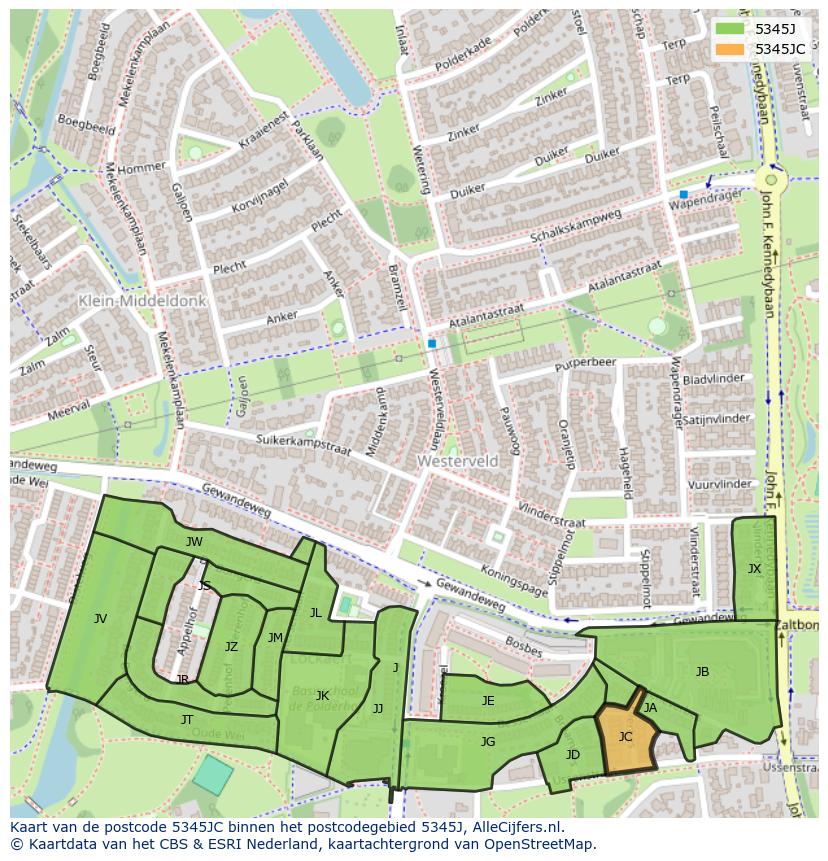 Afbeelding van het postcodegebied 5345 JC op de kaart.