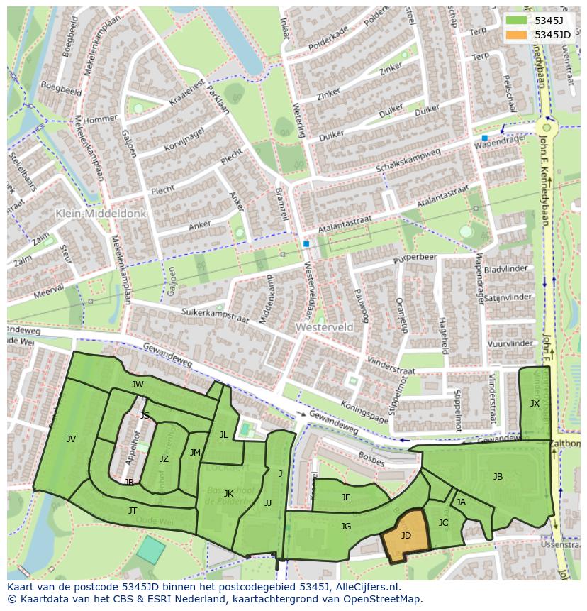 Afbeelding van het postcodegebied 5345 JD op de kaart.