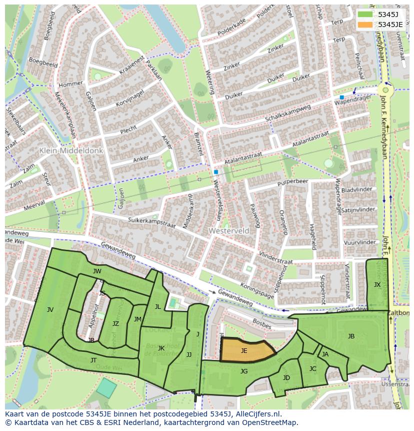 Afbeelding van het postcodegebied 5345 JE op de kaart.