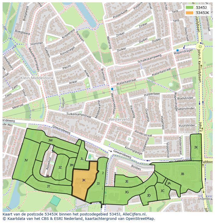 Afbeelding van het postcodegebied 5345 JK op de kaart.