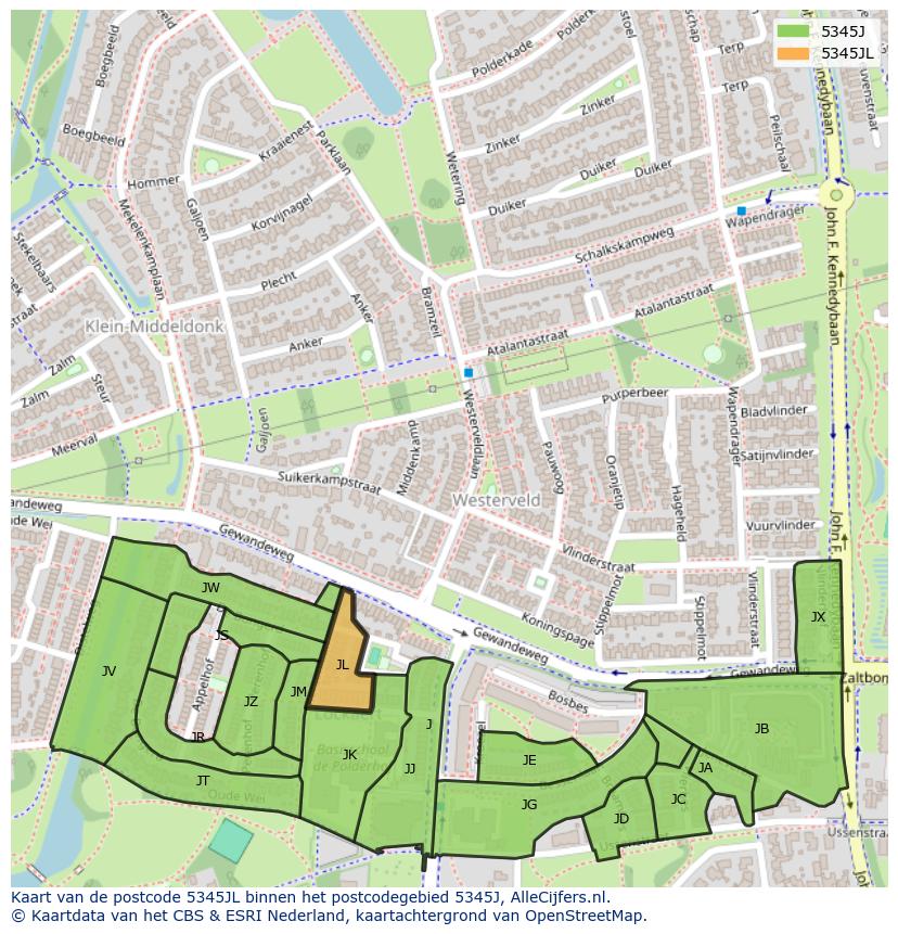 Afbeelding van het postcodegebied 5345 JL op de kaart.