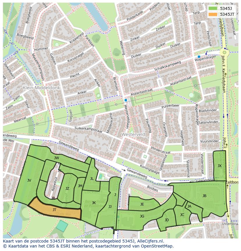 Afbeelding van het postcodegebied 5345 JT op de kaart.