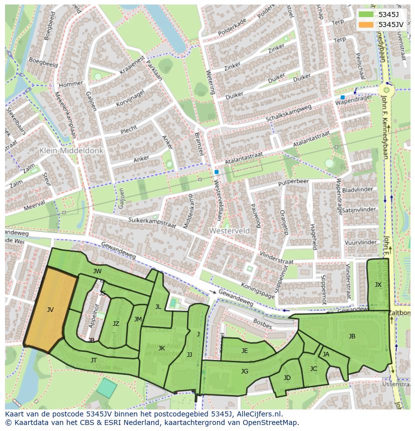 Afbeelding van het postcodegebied 5345 JV op de kaart.
