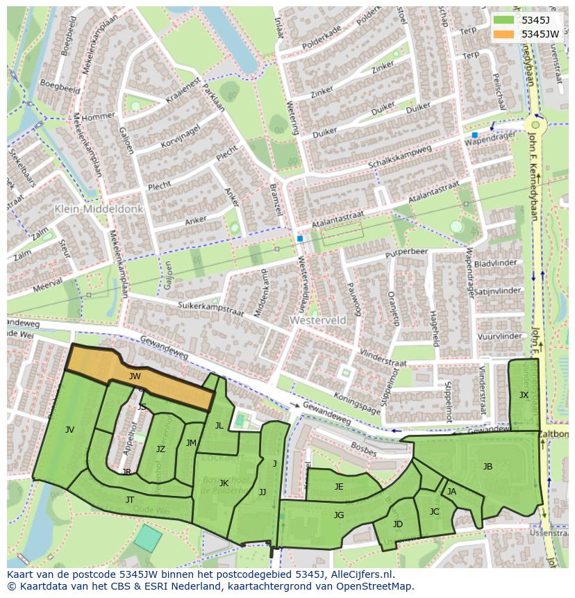 Afbeelding van het postcodegebied 5345 JW op de kaart.