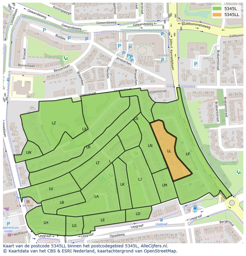 Afbeelding van het postcodegebied 5345 LL op de kaart.