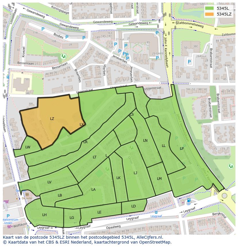 Afbeelding van het postcodegebied 5345 LZ op de kaart.