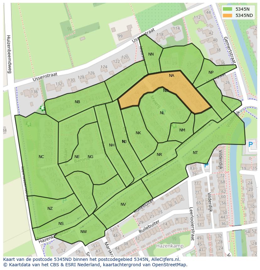 Afbeelding van het postcodegebied 5345 ND op de kaart.