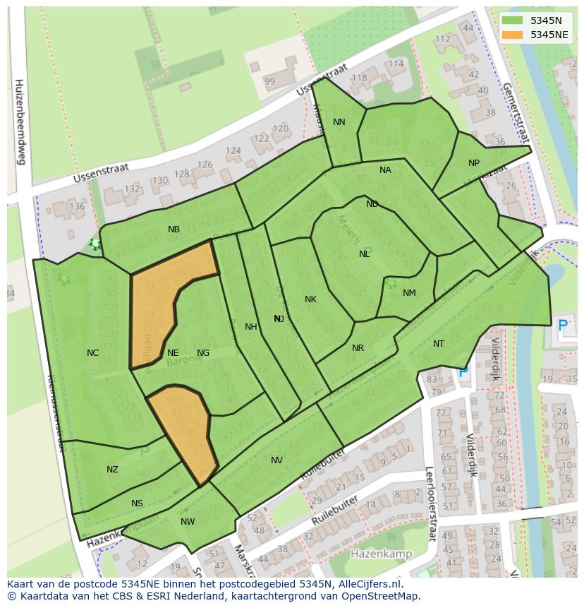 Afbeelding van het postcodegebied 5345 NE op de kaart.