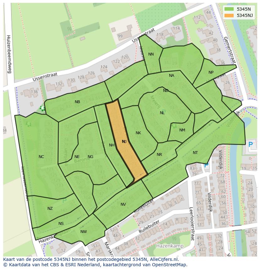 Afbeelding van het postcodegebied 5345 NJ op de kaart.