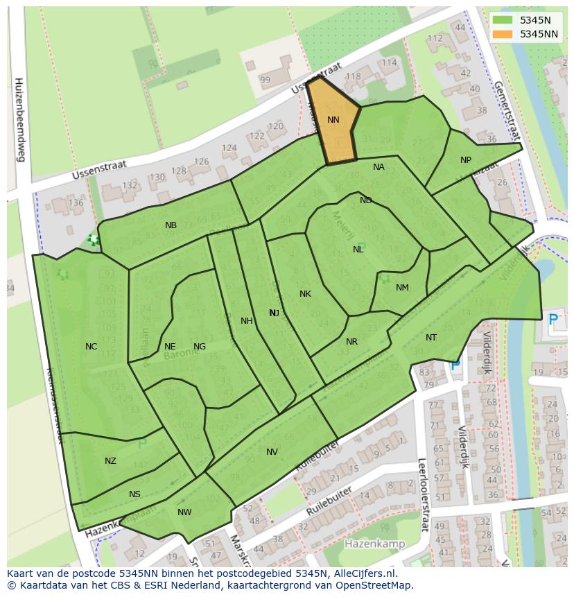 Afbeelding van het postcodegebied 5345 NN op de kaart.
