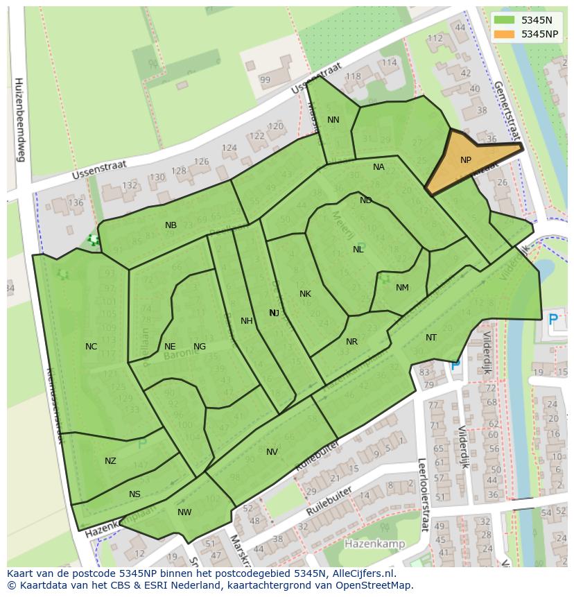 Afbeelding van het postcodegebied 5345 NP op de kaart.