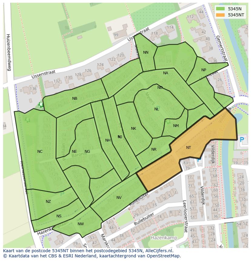 Afbeelding van het postcodegebied 5345 NT op de kaart.