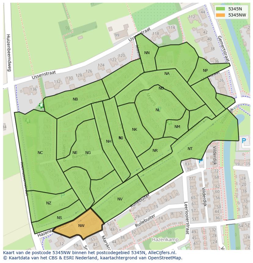 Afbeelding van het postcodegebied 5345 NW op de kaart.