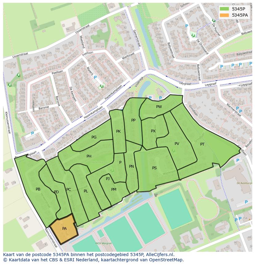 Afbeelding van het postcodegebied 5345 PA op de kaart.