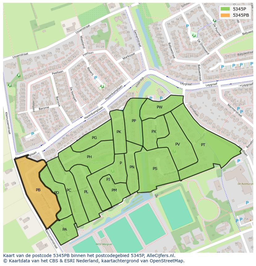 Afbeelding van het postcodegebied 5345 PB op de kaart.