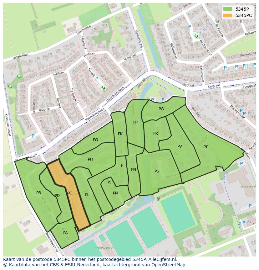 Afbeelding van het postcodegebied 5345 PC op de kaart.