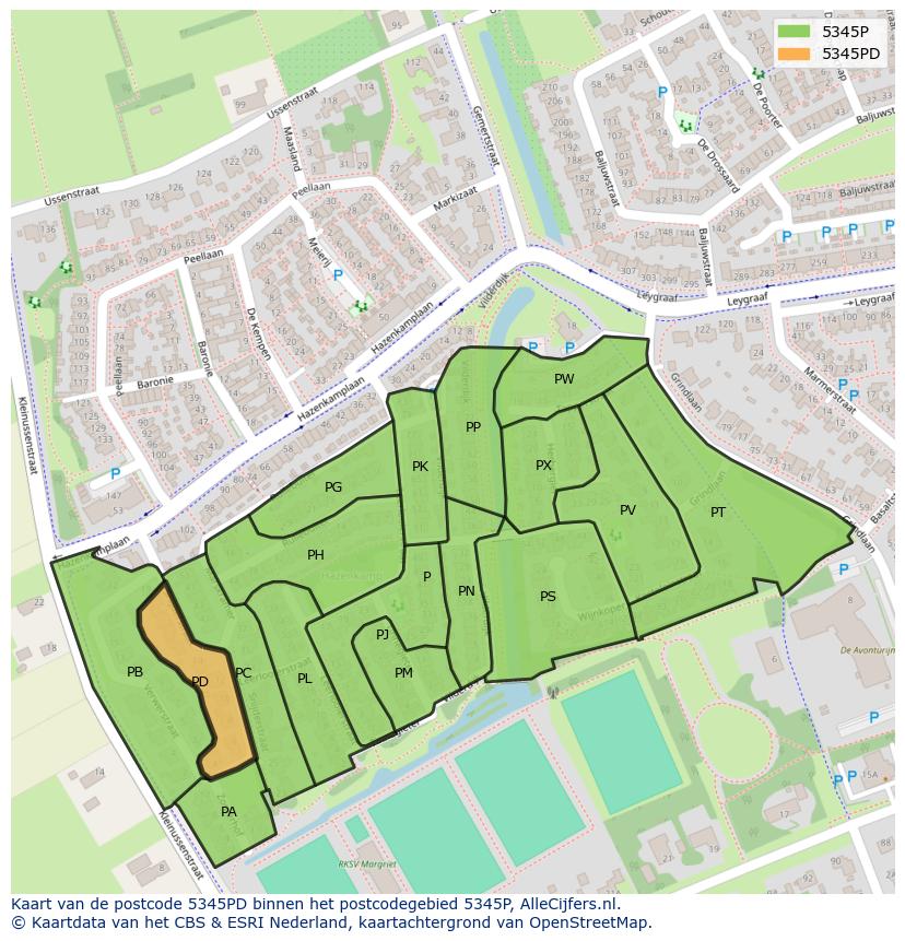 Afbeelding van het postcodegebied 5345 PD op de kaart.