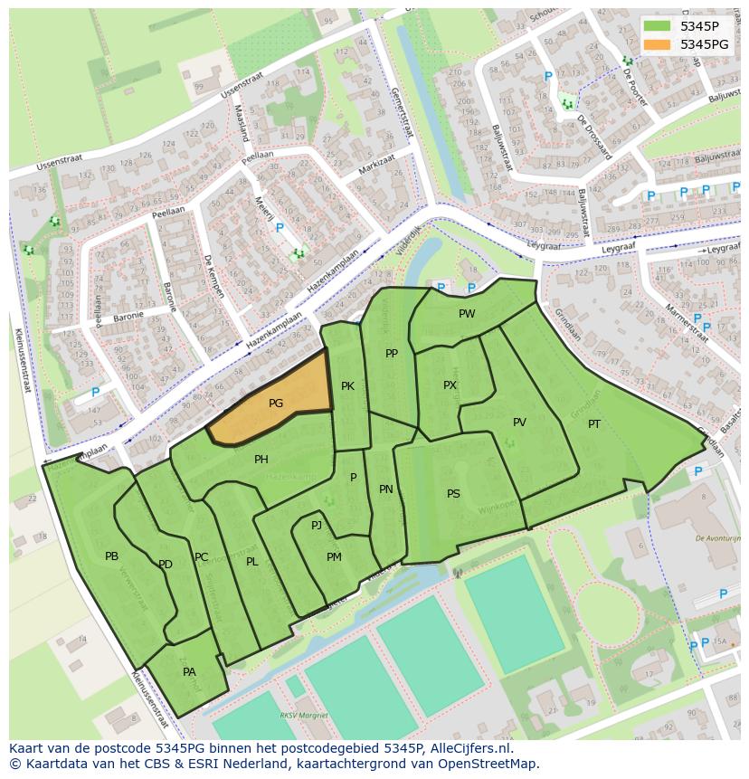 Afbeelding van het postcodegebied 5345 PG op de kaart.