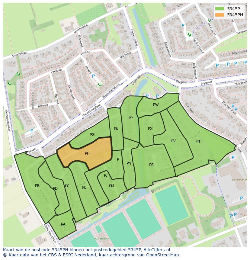 Afbeelding van het postcodegebied 5345 PH op de kaart.