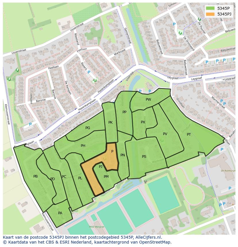 Afbeelding van het postcodegebied 5345 PJ op de kaart.