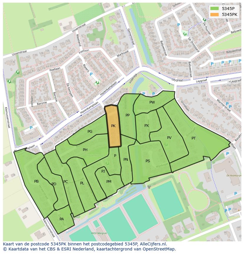 Afbeelding van het postcodegebied 5345 PK op de kaart.