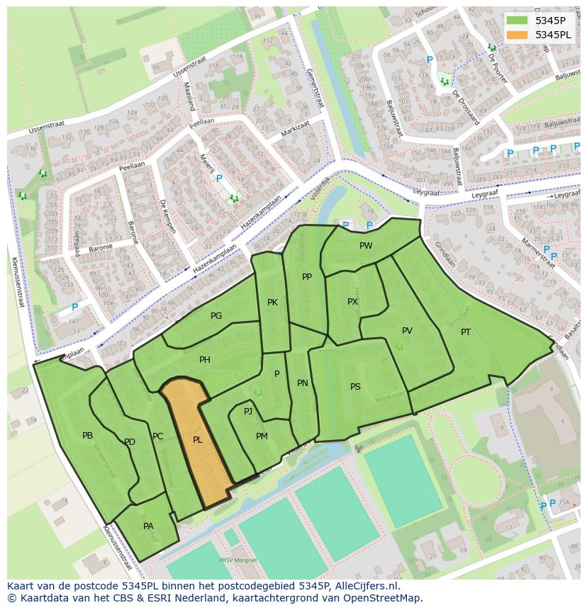 Afbeelding van het postcodegebied 5345 PL op de kaart.